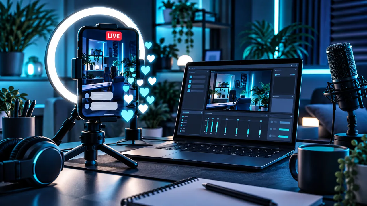 Smartphone su treppiede con ring light che trasmette una diretta LIVE con cuori e commenti; sulla scrivania, laptop con software di streaming e microfono