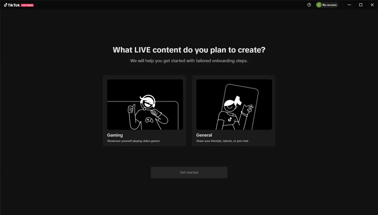 Primo avvio di TikTok LIVE Studio con la scelta del tipo di contenuto Gaming o General