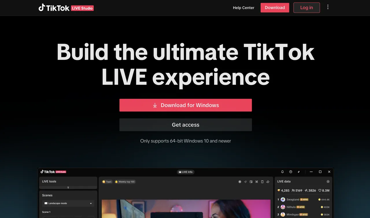 Pagina di download di TikTok LIVE Studio con il pulsante Download for Windows e il requisito Windows 10 a 64 bit