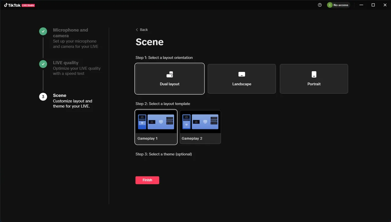 Passaggio Scene di TikTok LIVE Studio per scegliere orientamento e modello del layout