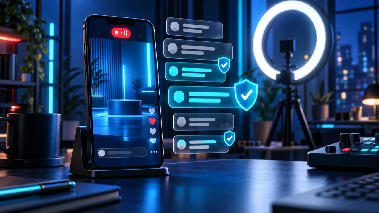 Smartphone con diretta illustrata, messaggi in chat e scudi che rappresentano la moderazione