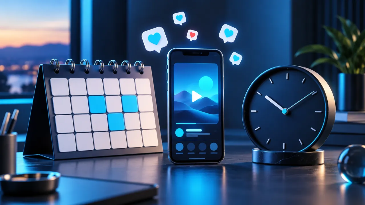 Calendario, smartphone con video illustrato e orologio per pianificare le pubblicazioni