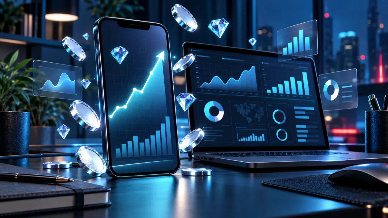 Smartphone e computer con grafici di crescita, circondati da monete e diamanti illustrati