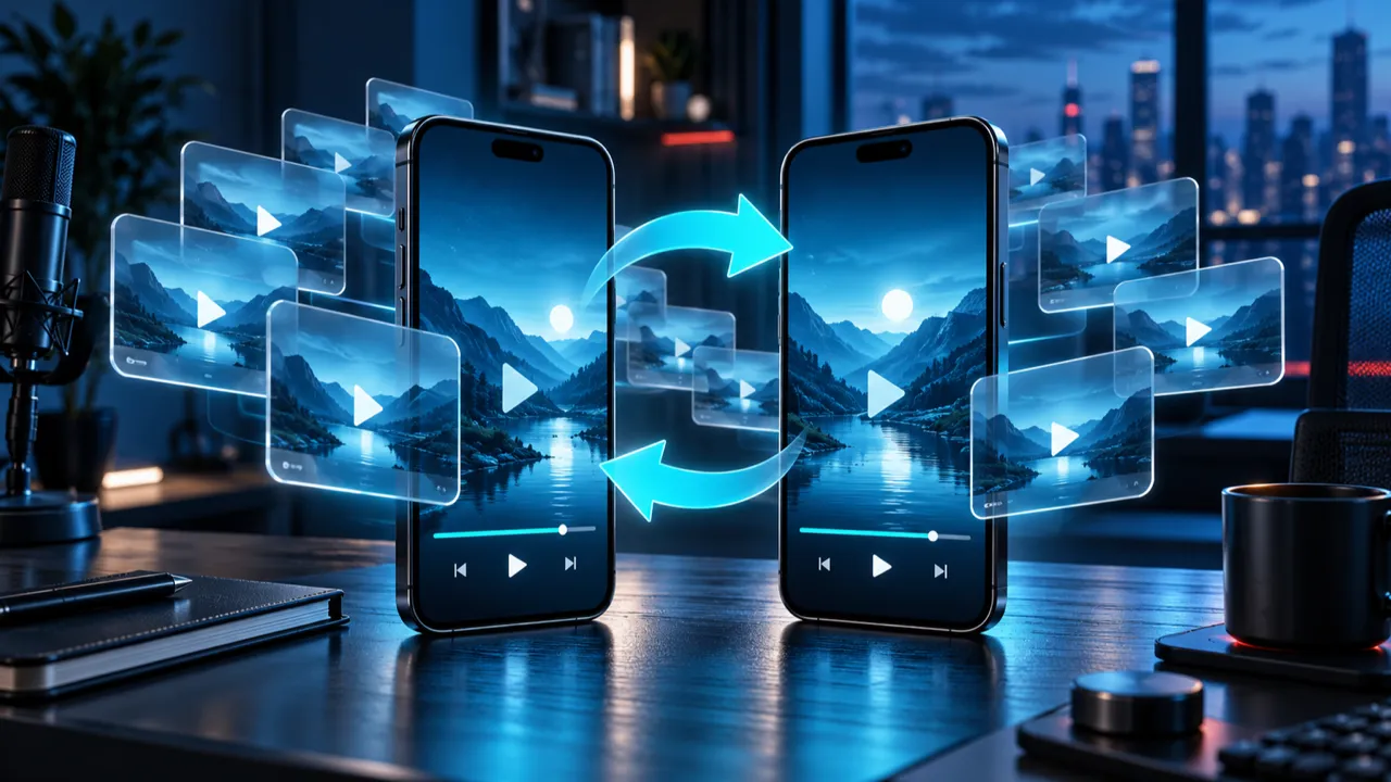 Due smartphone con video illustrati e frecce circolari che rappresentano la ripubblicazione