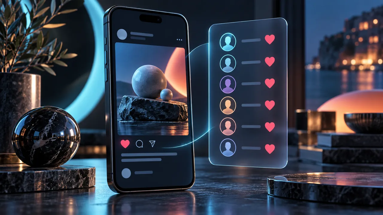 Smartphone con un post di sfere su una pietra, accanto a un pannello di profili illustrati e cuori rosa