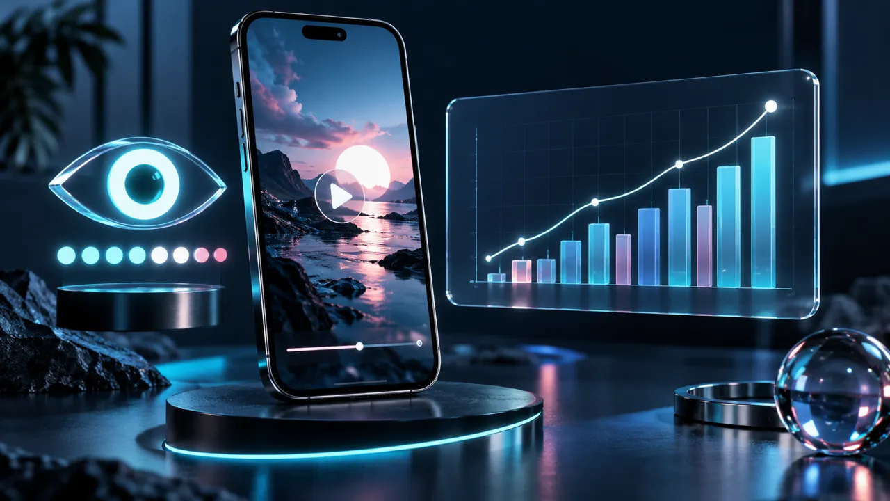 Telefono con un video di mare al tramonto accanto a un occhio luminoso e a un grafico azzurro delle visualizzazioni
