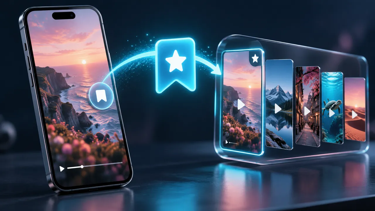 Smartphone con un video di costa al tramonto e un segnalibro luminoso che conduce a una raccolta illustrata di video