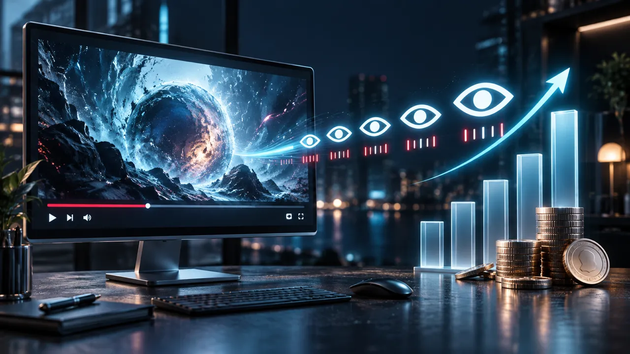 Monitor con un video di paesaggio spaziale, accanto a icone di visualizzazione, grafici in salita e pile di monete
