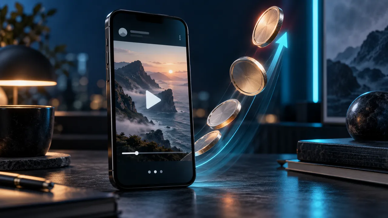 Smartphone con un video di paesaggio, monete sospese e una freccia luminosa che sale