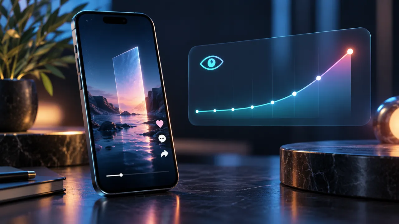 Telefono con un video verticale di costa al tramonto accanto a un pannello luminoso con occhio e curva delle visualizzazioni