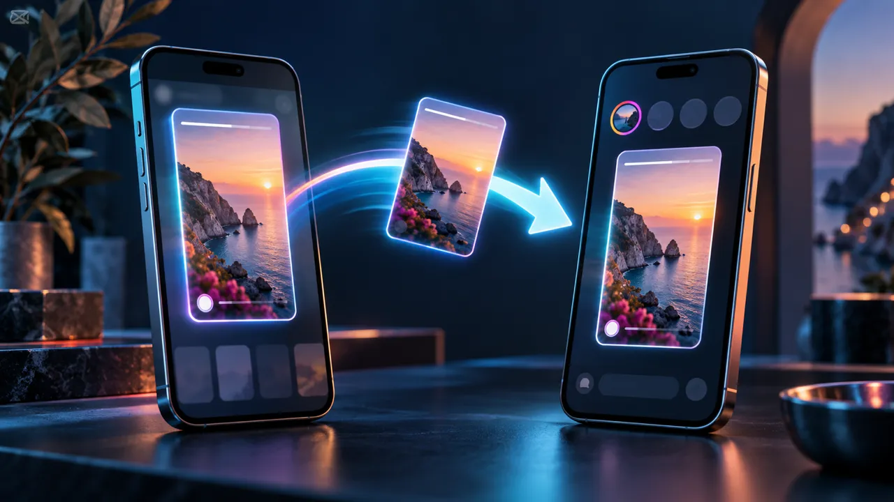 Due telefoni mostrano la stessa storia illustrata di una costa al tramonto, collegati da una freccia luminosa azzurra