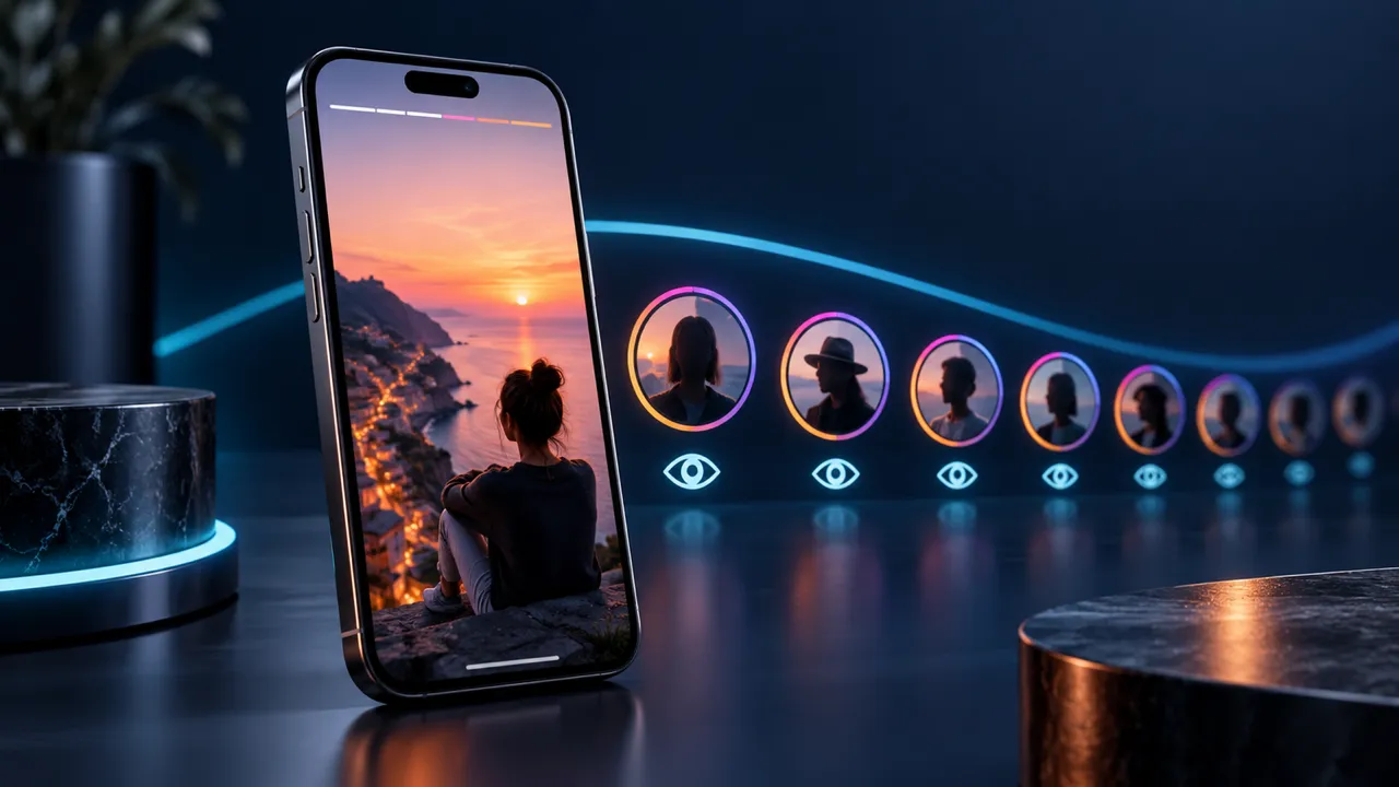 Smartphone con una storia al tramonto sul mare; accanto, una fila di profili illustrati e icone a forma di occhio