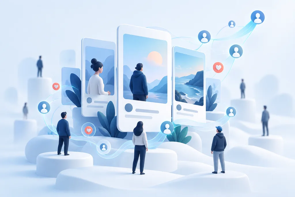 Illustrazione di video verticali e profili collegati, senza numeri, loghi o finte schermate